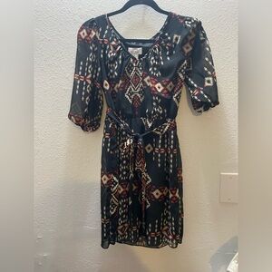 Sweet Storm Women's Size Small Black Red Geometric Aztec Dress with belt Midi